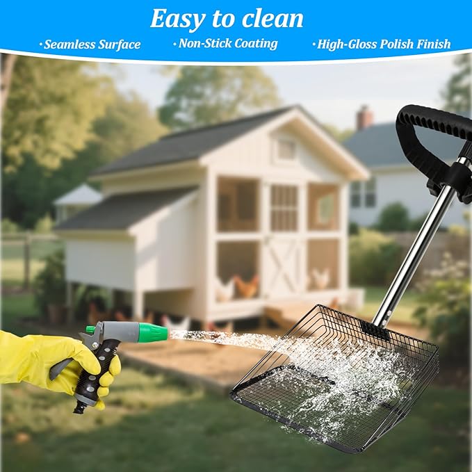 Large Chicken Poop Scooper Chicken Scooper for Poop with 37" to 75" Adjustable Stainless Steel Handle Gloves Litter Sand Sifting Shovel Cleaning Tool for Chicken Coop Goat Stall Stable