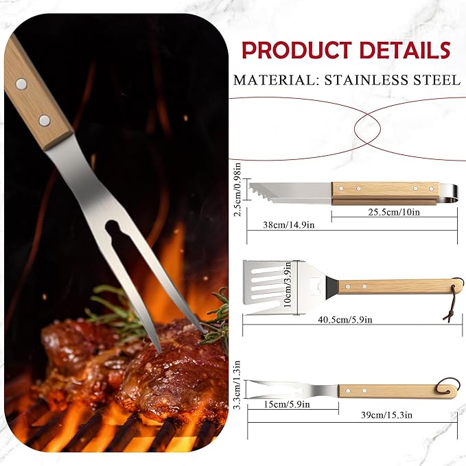 Heavy-Duty Grill Accessories BBQ Tool Sets Multi Functional Spatula with Knife Edge, Fork,Tongs, Bottle Opener Ash Wood Handle & Thick Stainless Steel Essential Accessories for Barbecue & Grill