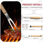 Heavy-Duty Grill Accessories BBQ Tool Sets Multi Functional Spatula with Knife Edge, Fork,Tongs, Bottle Opener Ash Wood Handle & Thick Stainless Steel Essential Accessories for Barbecue & Grill