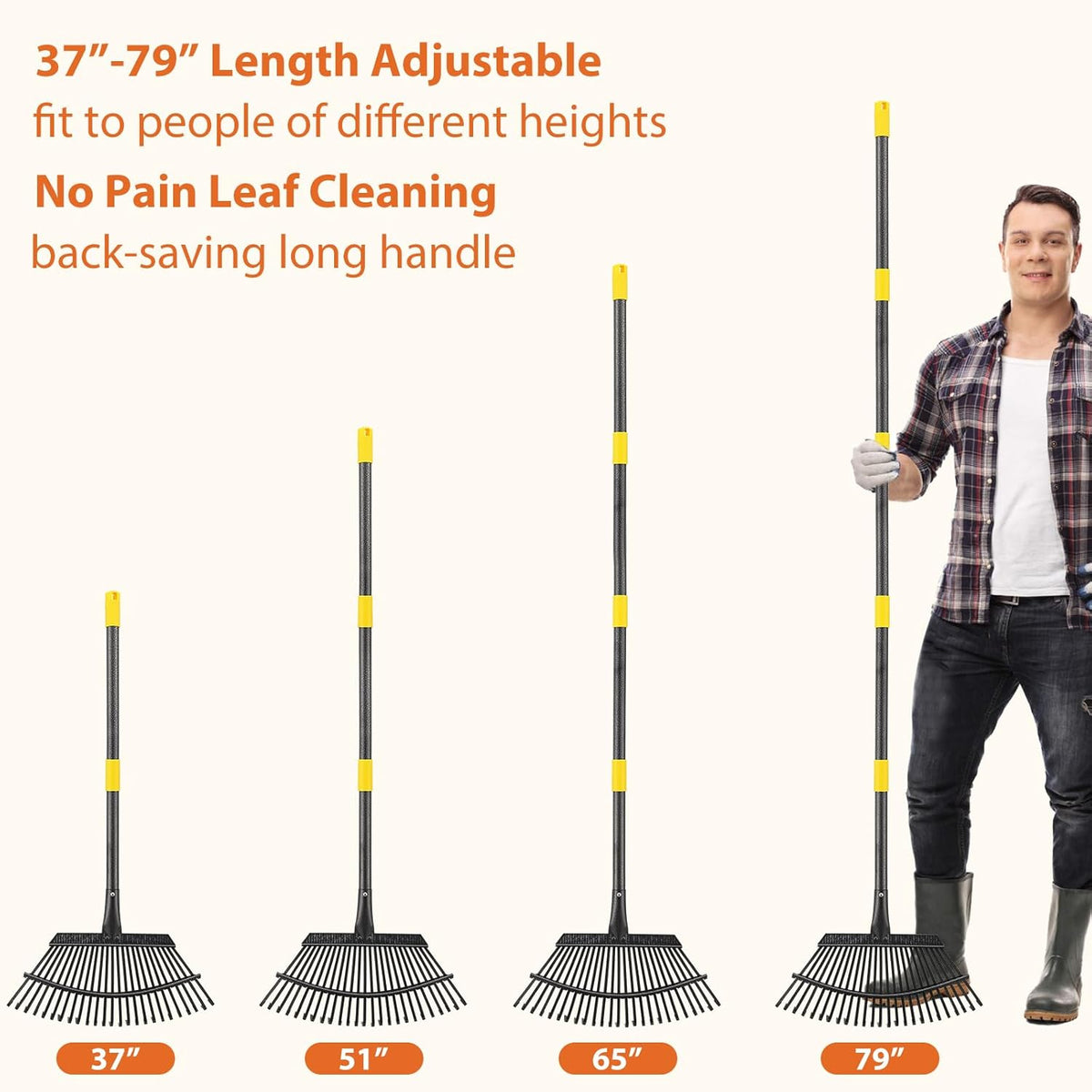 Rake, Gardening Rakes for Leaves Lawns Heavy Duty, 79 in Leaf Rake with 25 Clog-Free Tines, 18.5” Wide Large Head, Metal Garden Tools for Yard Quick Cleanup Garss, Debris, Detachable for Camping