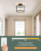 Black Flush Mount Ceiling Light, 2- Light Caged Crystal Chandelier, Small Drum Hallway Light fixtures Ceiling Mount (8.6 INCH Black)