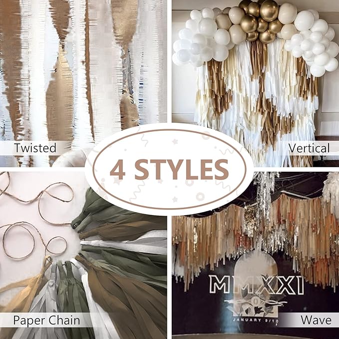 PartyWoo Brown Crepe Paper Streamers 4pcs 328ft Pack of Boho Neutral Sand White Crepe Paper Streamers for Birthday Baby Shower Wedding Graduation Anniversary Woodland Jungle Theme Party Decorations