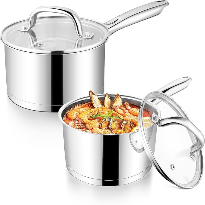 P&P CHEF 1 Quart & 2 Qruat Saucepan with Lid Set, Stainless Steel Small Cooking Pot Induction Sauce Pan for Pasta Soup, Ergonomic Handle & Tri-ply Base, Dishwasher Safe, 2 Pan