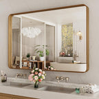 LOAAO 48X30 Inch Bathroom Mirror with Wood Grain Colored Metal Frame, Rounded Rectangle Metal Framed Bathroom Mirror, Anti-Rust, Hangs Horizontally or Vertically, Tempered Glass