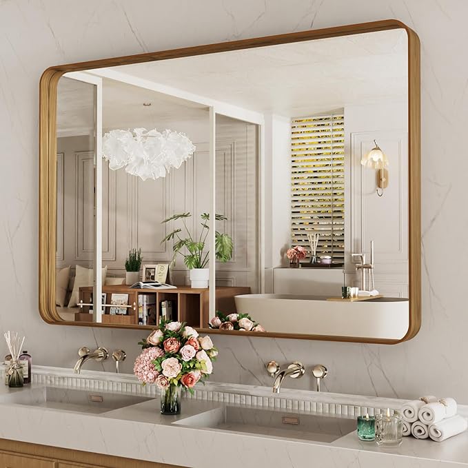 LOAAO 48X30 Inch Bathroom Mirror with Wood Grain Colored Metal Frame, Rounded Rectangle Metal Framed Bathroom Mirror, Anti-Rust, Hangs Horizontally or Vertically, Tempered Glass