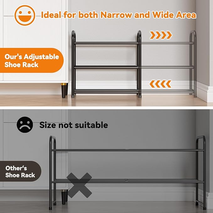 SUFAUY Expandable Shoe Rack Organizer, 3-Tier Metal Adjustable Shoe Shelf for Closet Entryway, Black
