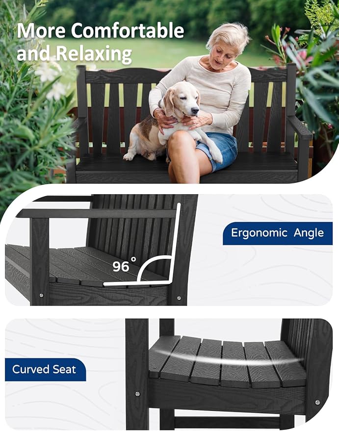 Outdoor Bench Set of 2, Weatherproof Garden Benches for Outdoors, All Weather HIPS Patio Bench Holds up to 800lbs, Never Rot or Fade, Comfort Bench for Porch Garden Patio Yard and Park(Black)
