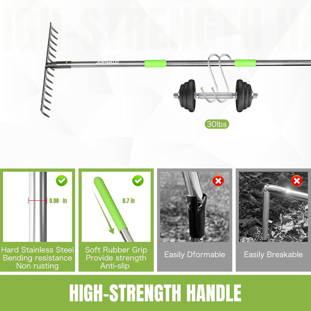 Joyhalo 14-Tine Garden Rake - Adjustable Length 30.5 to 57 Inch, Metal, Levels Soil & Rocks