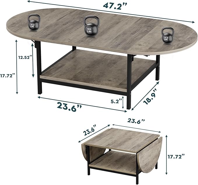 SAYGOER Folding Coffee Tables for Living Room 2-Tier Extended Coffee Table with Storage Vintage Farmhouse Center Table for Large or Small Spaces, Foldable, Gray Wash