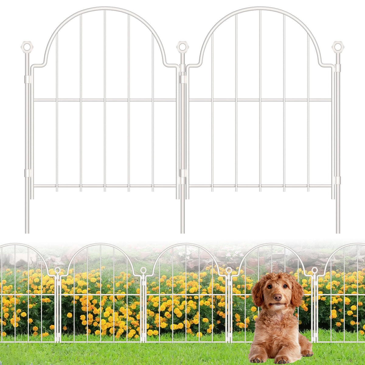 10 Pack White Decorative Garden Fence, 17in(H) x 10ft(L), with Ground Stake