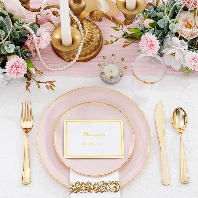 Supernal 350pcs Pink Plastic Plates,Plates Disposable Heavy Duty,Pink Disposable Plastic Dinnerware Set Include 50 Dinner Plate,50 Dessert Plate,50 Gold Cutlery,50 Cups&50 Napkins for Party&Wedding