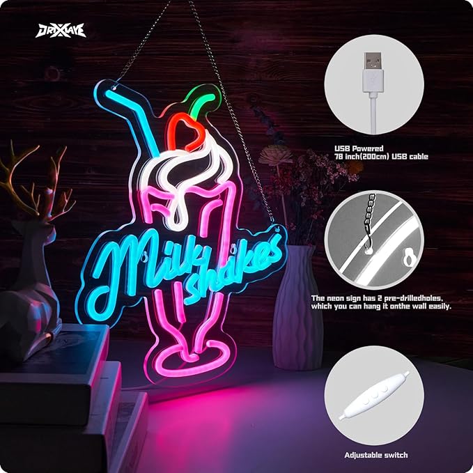 Milk Shakes Neon Signs Ice Cream Neon Light Milk Tea LED Neon Light Milk USB Powered Dimmable(12.6x14.8 Inch)