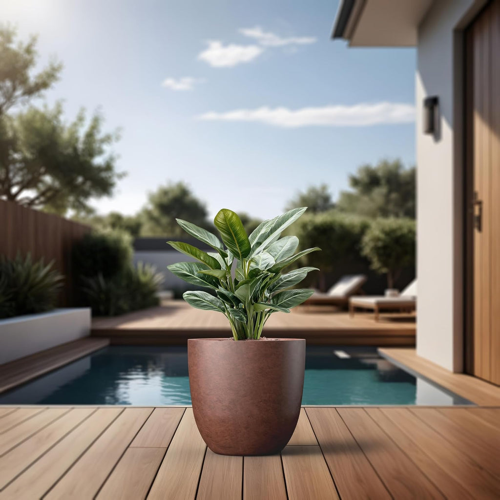 Kante 14 Inch Dia Round Concrete Planter, Indoor Outdoor Large Plant Pot with Drainage Hole and Rubber Plug for Home Patio Garden, Rusty