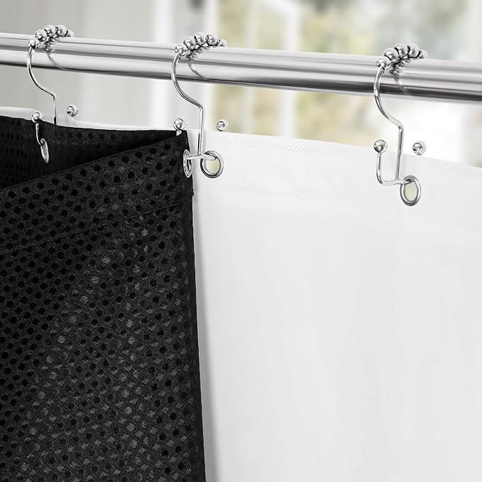 3 in 1 Shower Curtain Set, Black Waffle Shower Curtain and PEVA Liner Set with 12 Stainless Steel Shower Curtain Hooks, Waterproof Fabric Shower Curtains for Bathroom, 72 W x 72 H