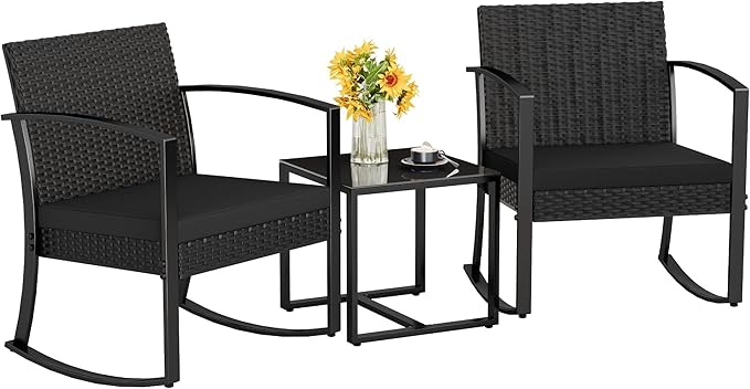 Homall Patio Furniture Set 3 Piece Resin Outdoor Bistro Set Rocking Patio Chairs with Cushions and Table for Porch, Poolside, Balcony and Yard (Black)