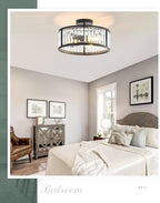 Black Flush Mount Ceiling Light, 2- Light Caged Crystal Chandelier, Small Drum Hallway Light fixtures Ceiling Mount (14 INCH Black)
