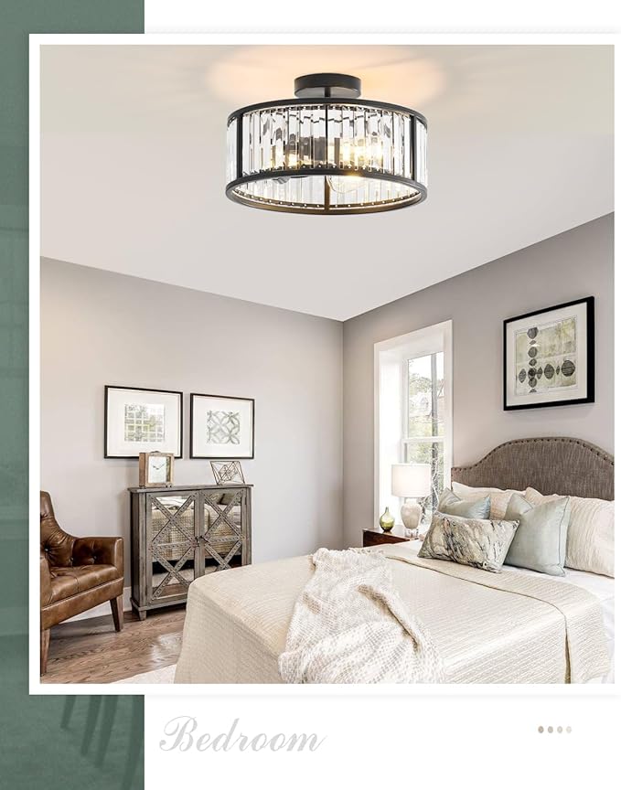 Black Flush Mount Ceiling Light, 2- Light Caged Crystal Chandelier, Small Drum Hallway Light fixtures Ceiling Mount (14 INCH Black)