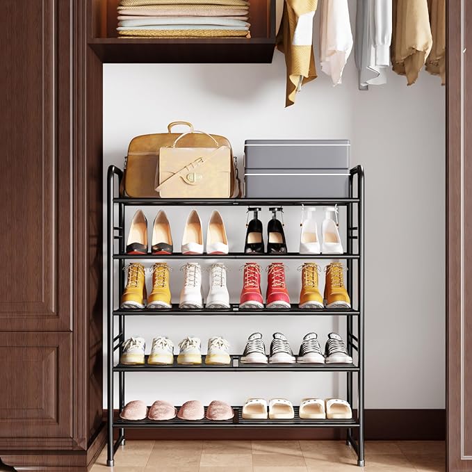 SUFAUY 33" Wide Shoe Rack, 5-Tier Shoe Storage Rack for 24-30 Pairs of Shoes, Shoe Organizer for Entryway, Steel Frame, Industrial, Black