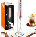 YUSWKO Rose Gold Handheld Milk Frother Wand with Stand for Coffee, Rechargeable Electric Whisk with 3 Heads 3 Speeds Drink Mixer Coffee Frother For Latte, Cappuccino, Hot Chocolate, Egg