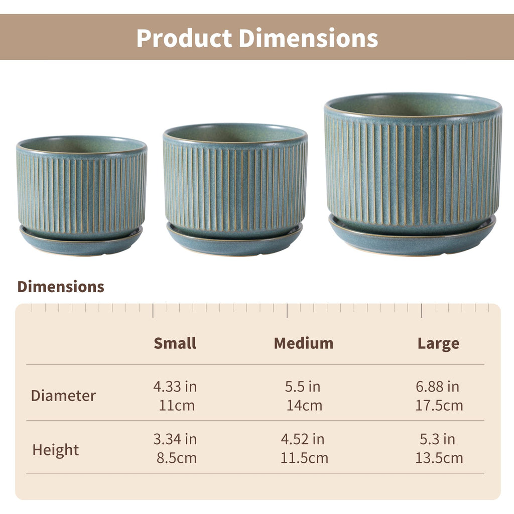 SURE YUESI Ceramic Plant Pots Set of 3, Indoor Outdoor Planters with Drainage Hole and Saucer, Ceramic Flower Pots for Indoor Plants, 4.3+5.5+6.8 Inch, Home, Garden, Patio and Office, Matte Green