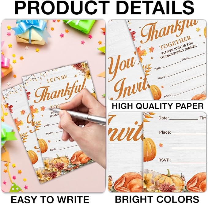 Thanksgiving Party Invitations, Fall Pumpkins Friendsgiving Thanksgiving Dinner Party Fill in Invites Cards With Envelopes (20 Count) Double Sided Design, Let's be Thankful Together