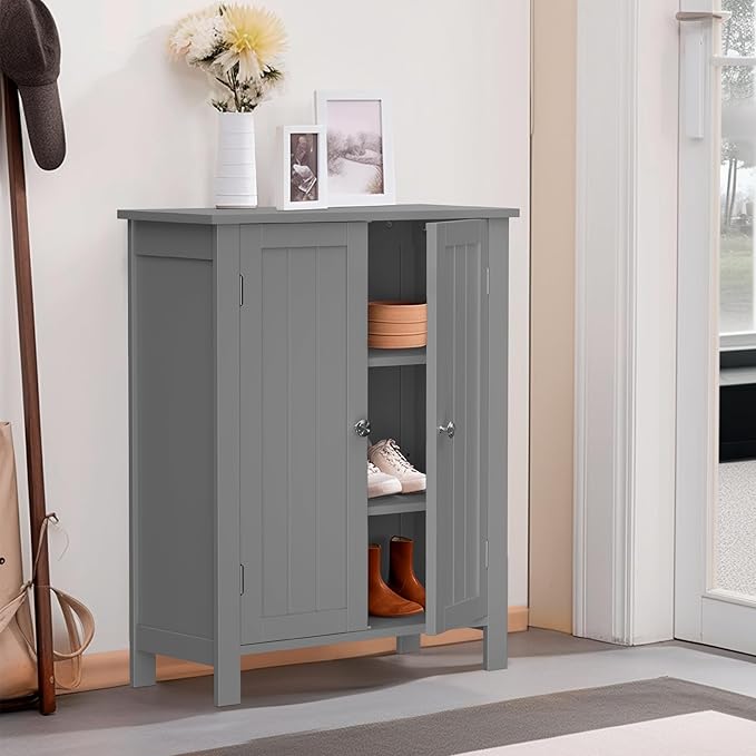 ZENY Bathroom Floor Storage Cabinet with Double Door + Adjustable Shelf, Wooden Organizer Cabinet for Living Room, Bathroom, Bedroom, Modern Home Furniture (Gray)