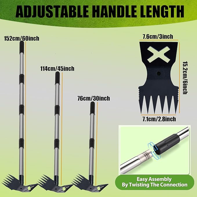 Weed Puller Tool with Long Handle, 60'' Weed Remover Weeding Tool, 2 in 1 Hand Weed Rake and Garden Hoe for Gardening, Uprooting Weeding Tool for Yard, Lawn, Patio, Garden