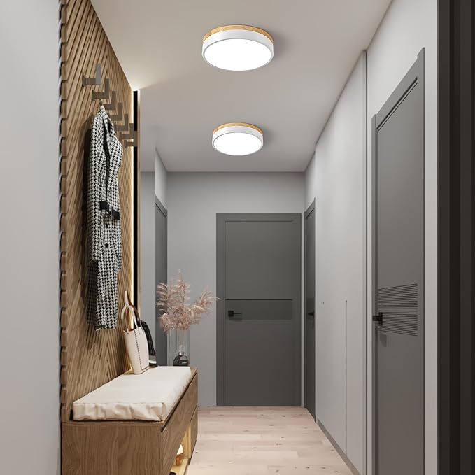 Dimmable Wood LED Ceiling Light Fixture, White Round Low Profile Flush Mount Lighting, Modern 5CCT 2700K-6000K Ceiling Lamp for Laundry Room Hallway Kitchen Bedroom, 11.8in