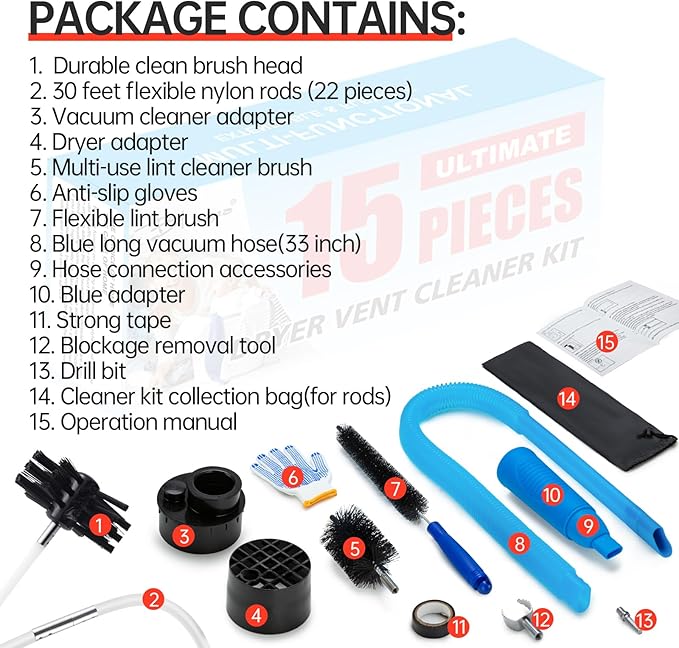 BLuesea Dryer Vent Cleaner Kit, 15-Piece Ultimate Dryer Cleaning Kit Include 30 Feet Dryer Vent Brush, Upgrade Noiseless Dryer Lint Vacuum Attachment, Lint Trap Brush, Vacuum & Dryer Adapters