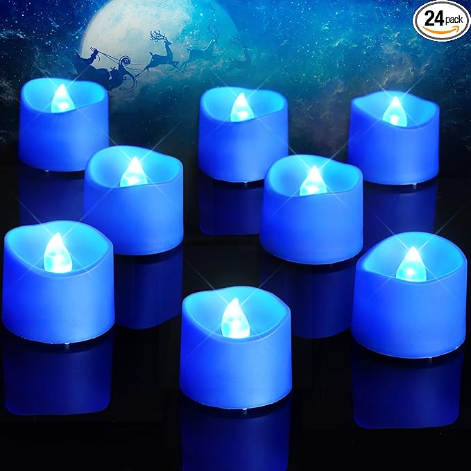 Homemory Blue Tea Lights Candles Battery Operated, 200+Hour Flameless Flickering Fake Electric LED Colored Tealights Candles for Wedding Table Decor, Theme Party, Aniversary, Proposal, 24-Pack