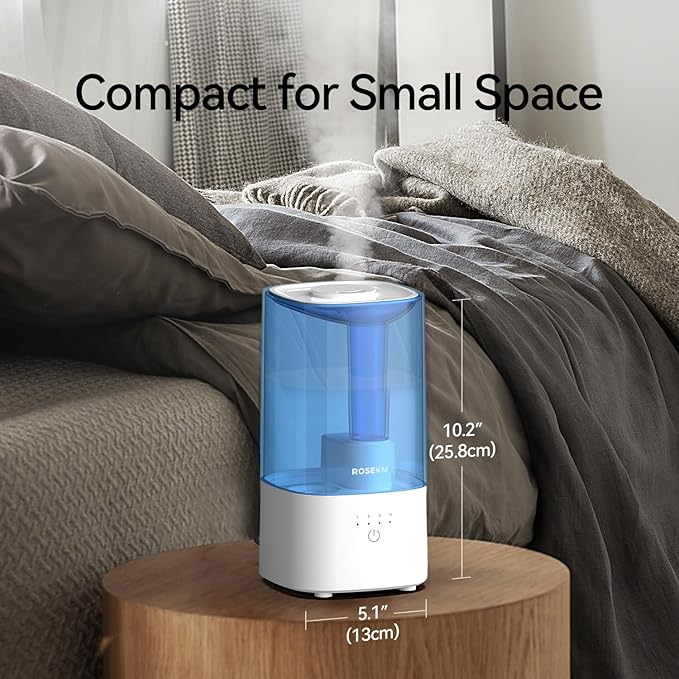 Cool Mist Humidifiers for Bedroom, 2.0L Small Humidifier for Baby and Plant, Last Up to 10H on Max Mist Setting, Auto Shut-Off, Auto-Off Indicator, 360° Nozzle