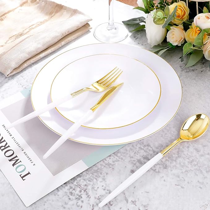Supernal 350pcs Gold Plastic Dinnerware Set for 50 Guests,Fancy Disposable Plates for Party,Gold Plastic Silverware with White Handle,Disposable White Plates Wedding,Birthday