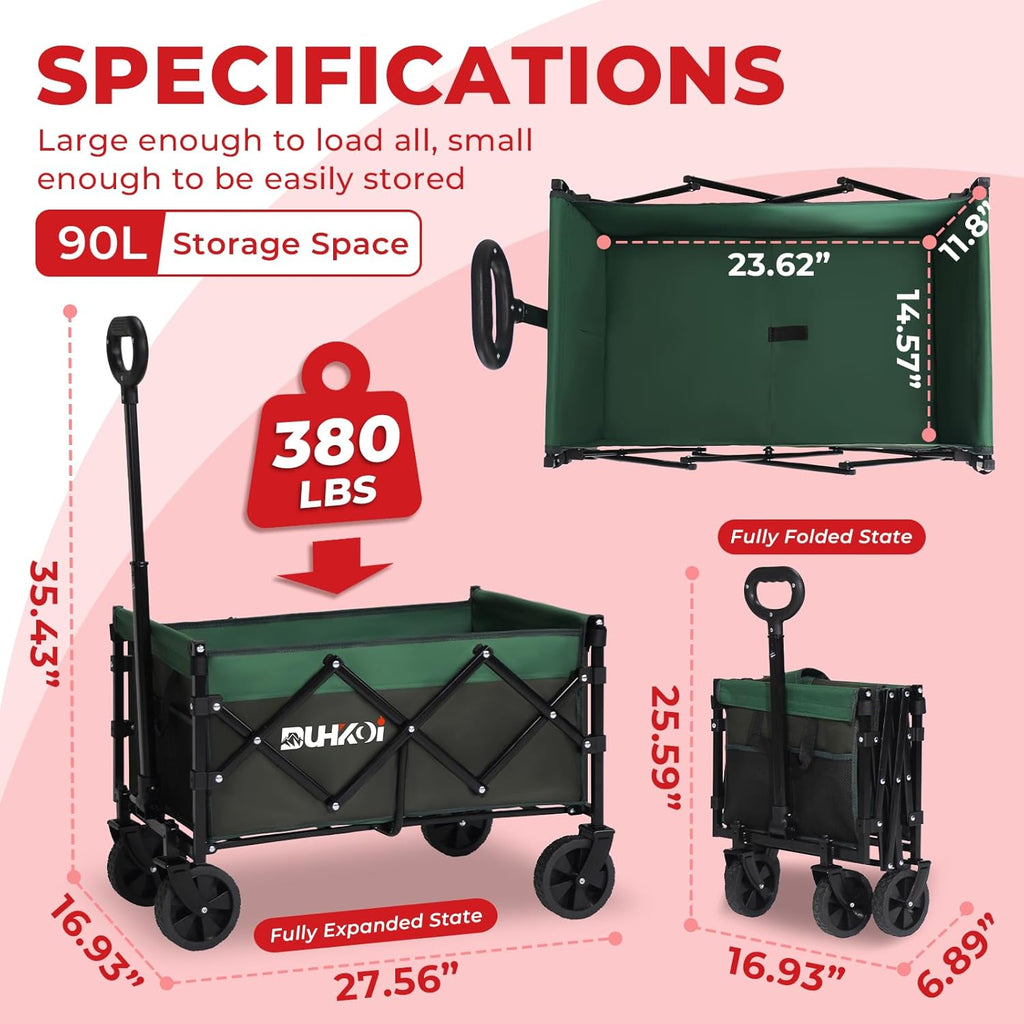 Collapsible Wagon Cart with Wheels Foldable,11 Lbs Lightweight Portable Folding Utility Wagon,90 L Heavy Duty Grocery Shopping Carts,Versatile for Garden Sports Camping Outdoor Use (Army Green)