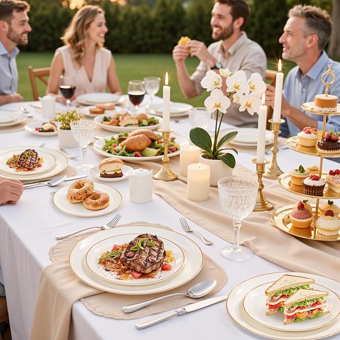 bUCLA 100PCS Ivory Plastic Plates with Gold Rim - Heavy Duty Cream Disposable Include 50 Dinner 10 inch & 50 Dessert 7 inch, for Party & Thanksgiving