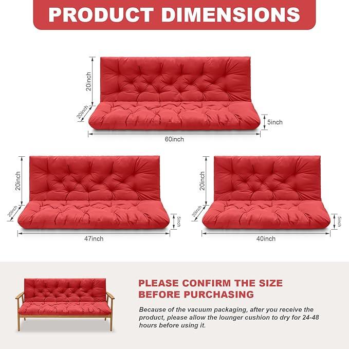 Porch Swing Cushions,Outdoor Cushions 3 Seater Replacement with Backrest, Waterproof Thickened Bench Cushion with Ties for Porch, Patio,Outdoor, Backyard and Garden (Red 40 * 40 in)