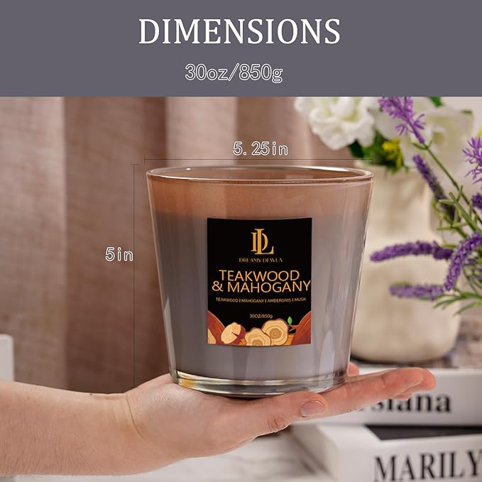 Teakwood & Mahogany Scented Candle, Large 30oz Natural Soy Candles, 4-Wick 80 Hour Burn Time, Home Fragrance Candles Housewarming Gift for Women Men