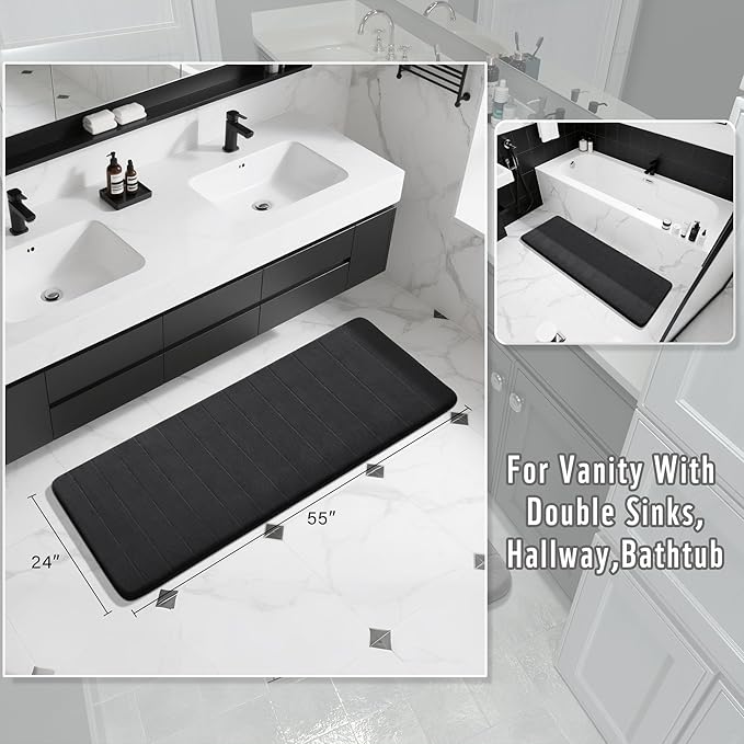 Yimobra Bathroom Runner 55"x24", Non Slip Memory Foam Bath Mat, Super Soft Water Absorbent Hallway Carpet, Machine Washable Rug for Vanity Tub Shower, Black