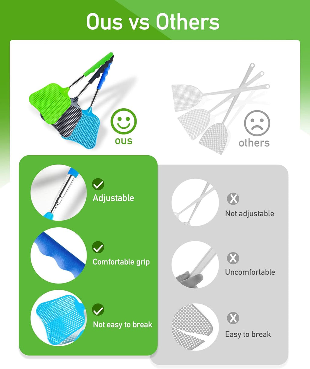 Wapodeai 3 pcs Fly Swatter, Fly Swatters Plastic Telescopic, Large Bug Swatter That Work for Indoor and Outdoor. (Black Blue Green)