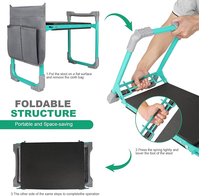 Garden Kneeler and Seat, 2-in-1 Foldable Garden Bench with Non-Slip EVA Foam Pad, Storage Bags, Glove, Portable Gardening Stool for Kneeling & Sitting, Ideal for Gardeners, Patio, Fishing
