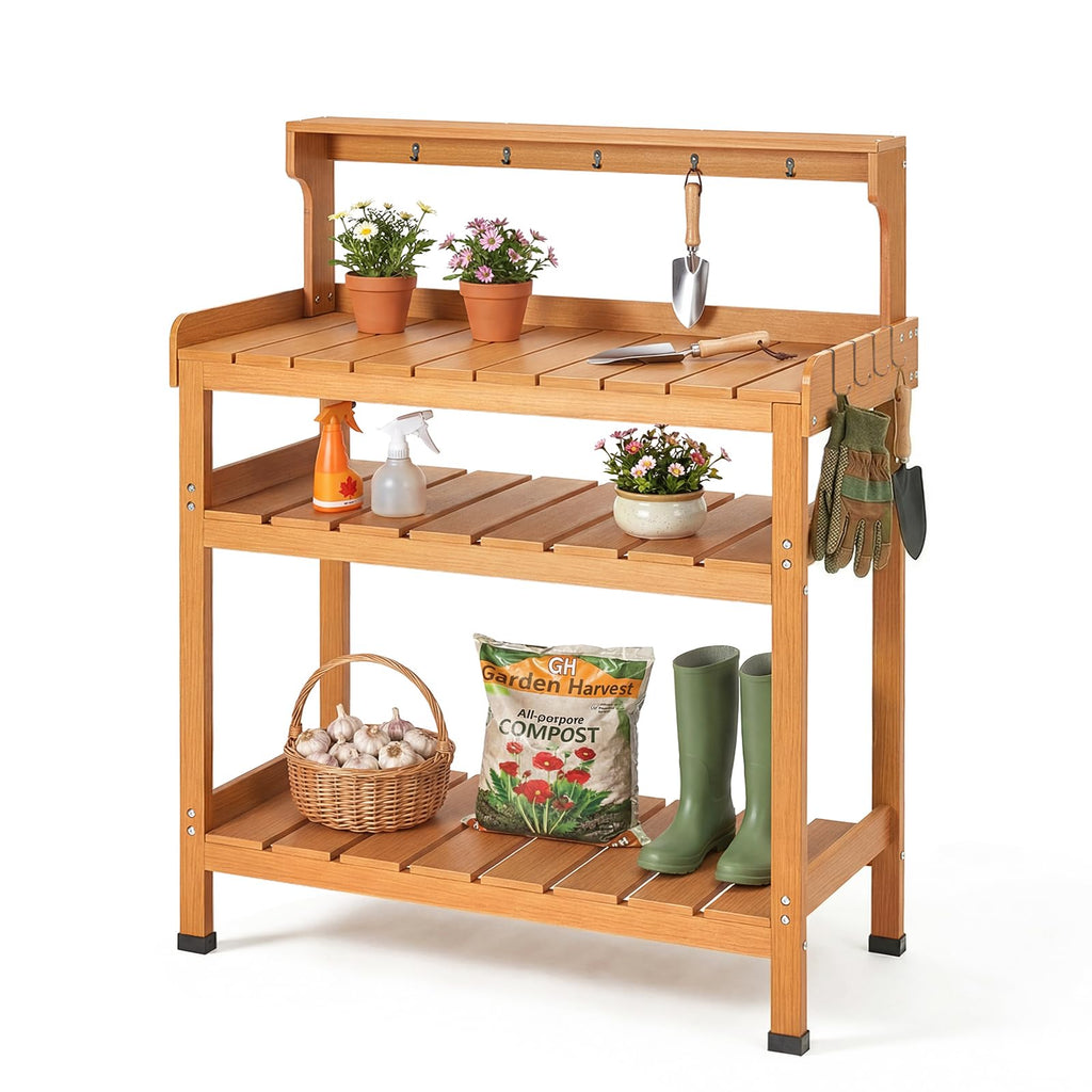Frogprin Potting Bench Table, Extra-Large Outdoor Garden Potting Bench (HDPS) with 9 Hooks, All-Weather Garden Table Work Station, No Rust, No Fade, No Break (Teak, 35.6''X16.5''X45.5'')