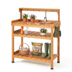 Frogprin Potting Bench Table, Extra-Large Outdoor Garden Potting Bench (HDPS) with 9 Hooks, All-Weather Garden Table Work Station, No Rust, No Fade, No Break (Teak, 35.6''X16.5''X45.5'')