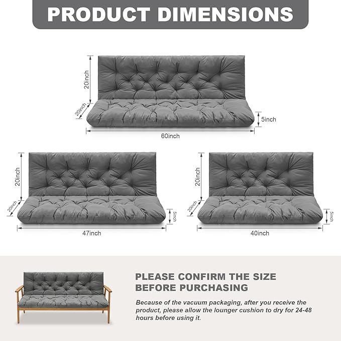 Porch Swing Cushions,Outdoor Cushions 3 Seater Replacement with Backrest, Waterproof Thickened Bench Cushion with Ties for Porch, Patio,Outdoor, Backyard and Garden (Light Gray 40 * 40 in)