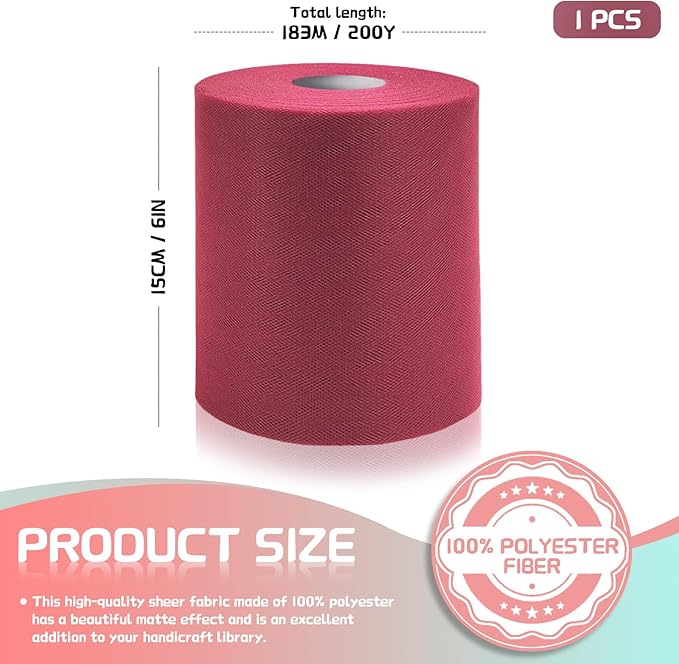 6" x 200 Yards Burgundy Tulle Fabric Rolls, Burgundy Spool Tulle Ribbon for DIY Tutu Skirt Wedding Decoration Baby Shower Birthday Party Backdrop Gift Wrapping Bow Craft Supplies