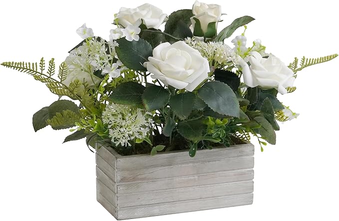 Artificial Flowers Plants Fake Rose Floral Arrangements in Pots for Home Wedding Table Centerpieces Indoor Outdoor Decoration (White)