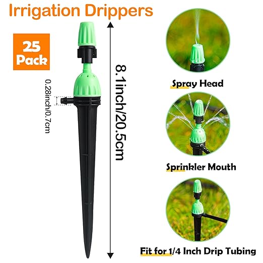Drip Irrigation Emitters for 1/4" Irrigation Tubing, 25 Pack Integrated Drip Irrigation Stream Emitters & Adjustable Atomizing Nozzles with Stake Adjustable 360 Degree Water Flow Sprayer