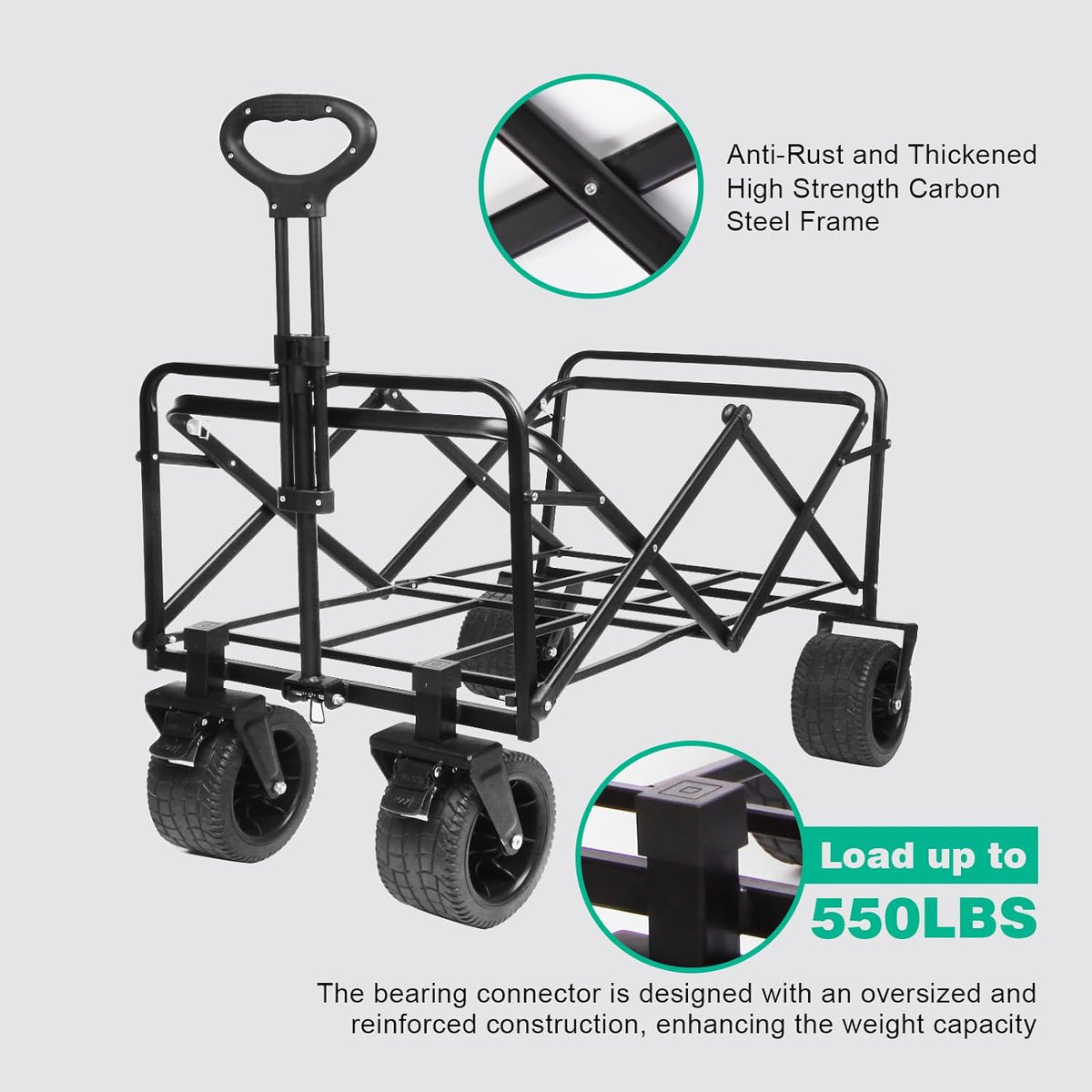 MMQ Heavy-Duty Folding Wagon with 550lbs Weight Capacity, Collapsible Wagon with Big Wheels - Robust Construction, Spacious Interior, Adjustable Rolling Carts, Outdoor Folding Camping Wagons, Portable
