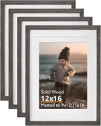 KINLINK 12x16 Picture Frame Ash Black, Solid Wood Frames with Acrylic Plexiglass for Pictures 11x14/9x12 with Mat or 12x16 without Mat,Wall Display, Set of 4