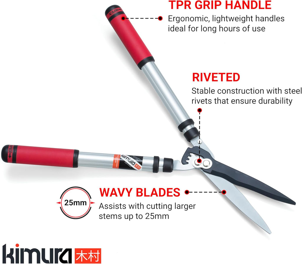 Kimura® Pro Telescopic Garden Shears - Premium Hedge Shears, Patented Gearing Technology, Lightweight Extendable Aluminium Handles, Japanese SK5 Steel Blades, Heavy Duty Gardening Shears - 650-850mm