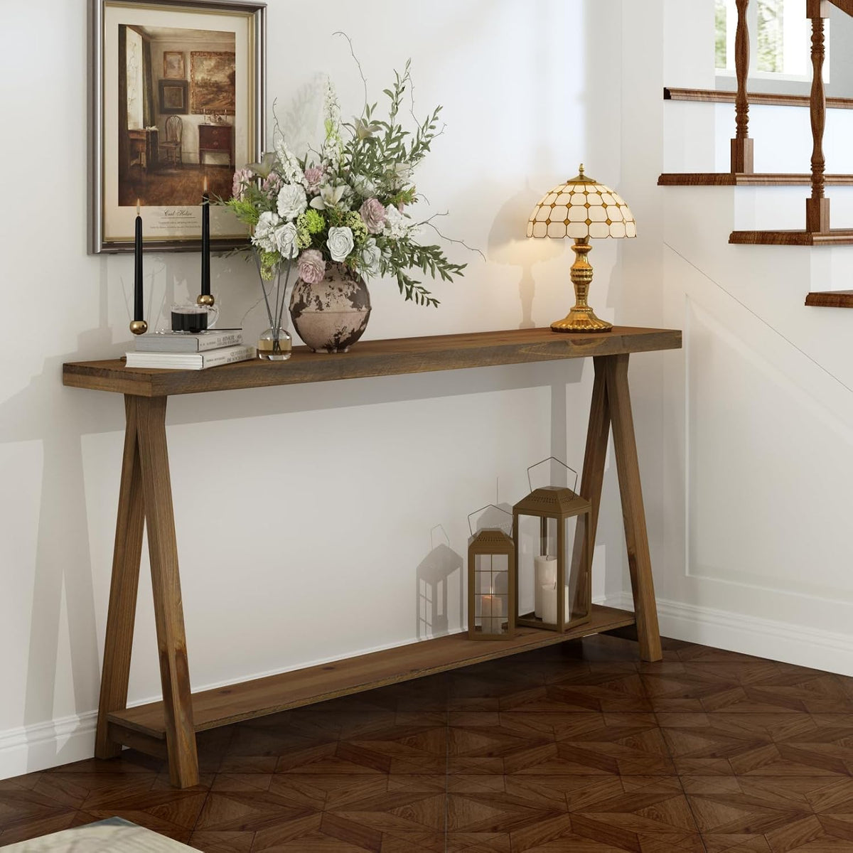Farmhouse Console Tables for Living Room, 63" Solid Wood 2-Tier Sofa Table, Rustic Hallway Table for Entryway, Natural