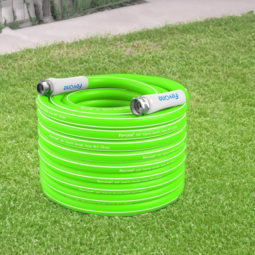 Fevone 100 ft x 5/8" Heavy Duty Garden Hose, Drinking Water Safe, Flexible & Kink-Free Hybrid Polymer Water Hose, Lightweight Outdoor Hose with 3/4" Solid Aluminum Fittings